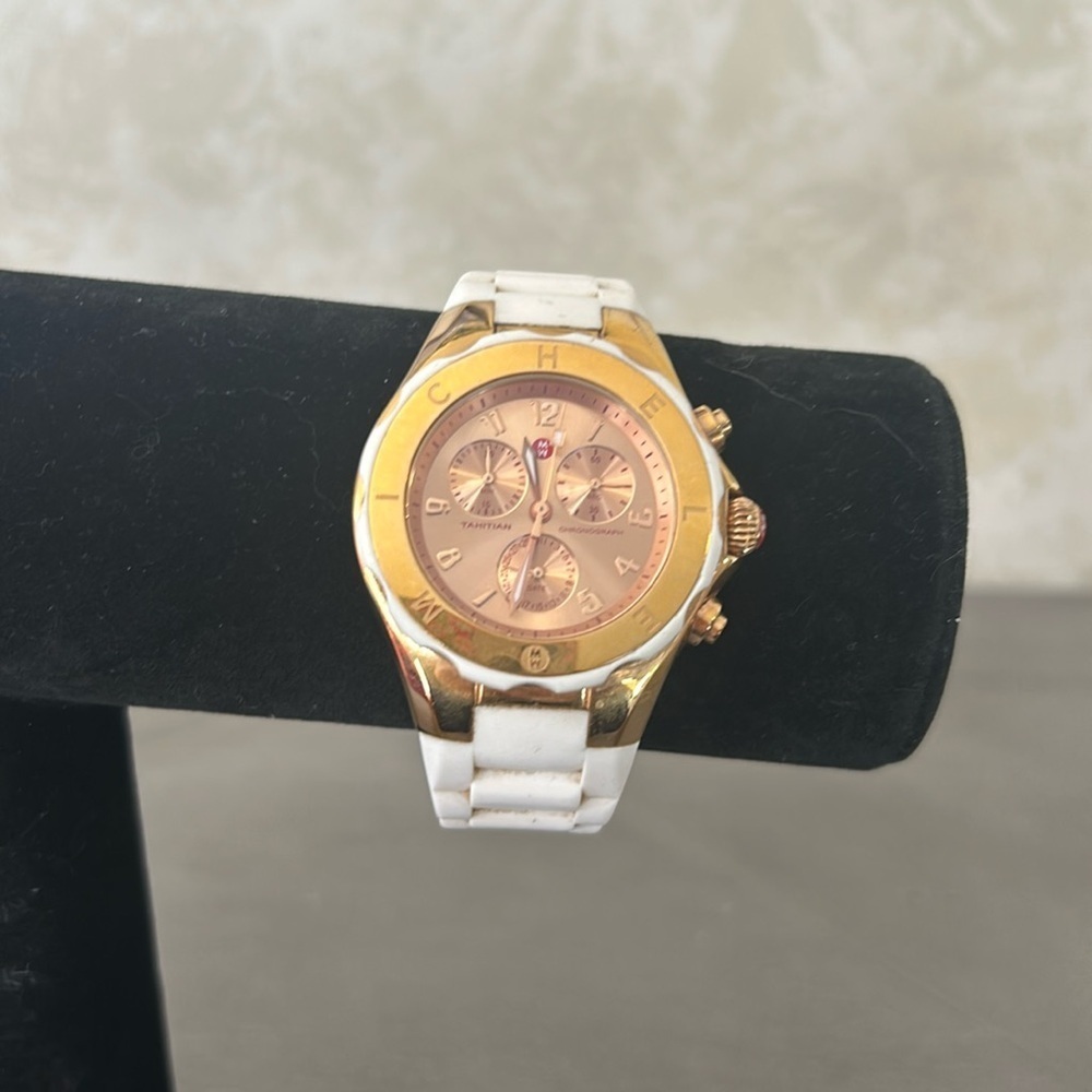MICHELE TAHITIAN JELLY BEAN ROSE GOLD,WHITE SILICONE BAND WATCH